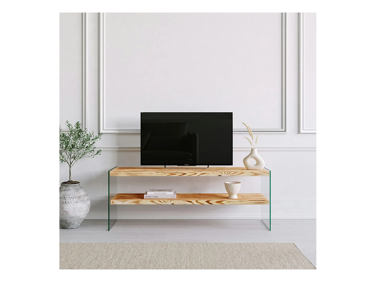 Meuble TV en bois clair et verre - 2 niveaux LHASA