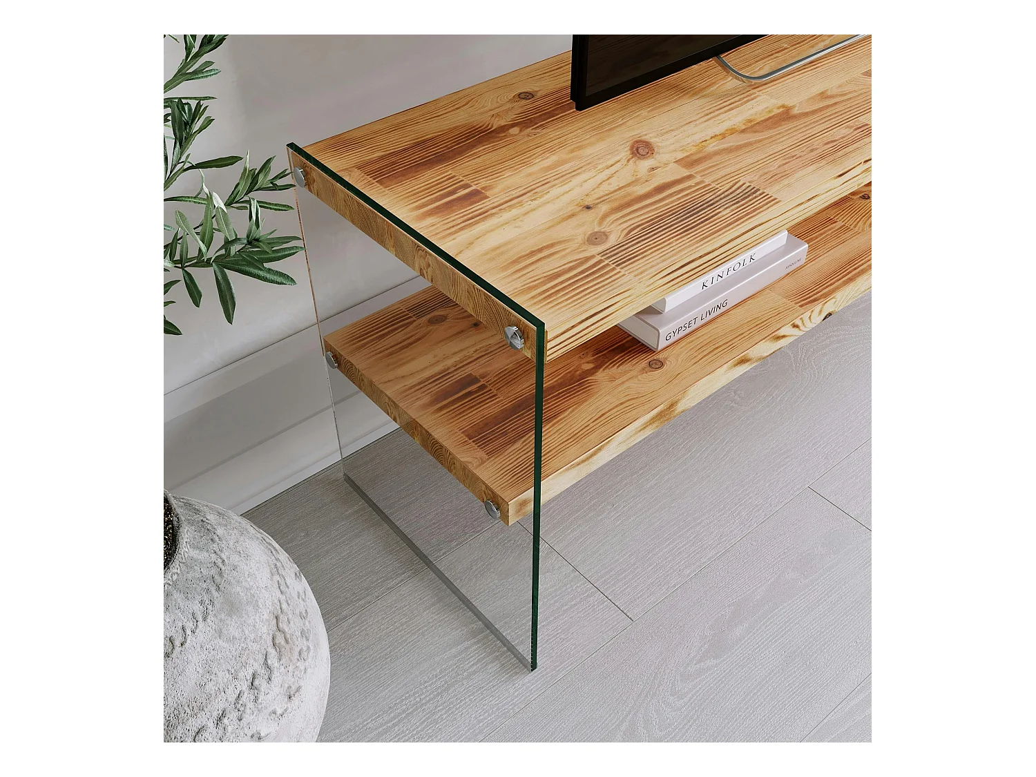 Meuble TV en bois clair et verre - 2 niveaux LHASA