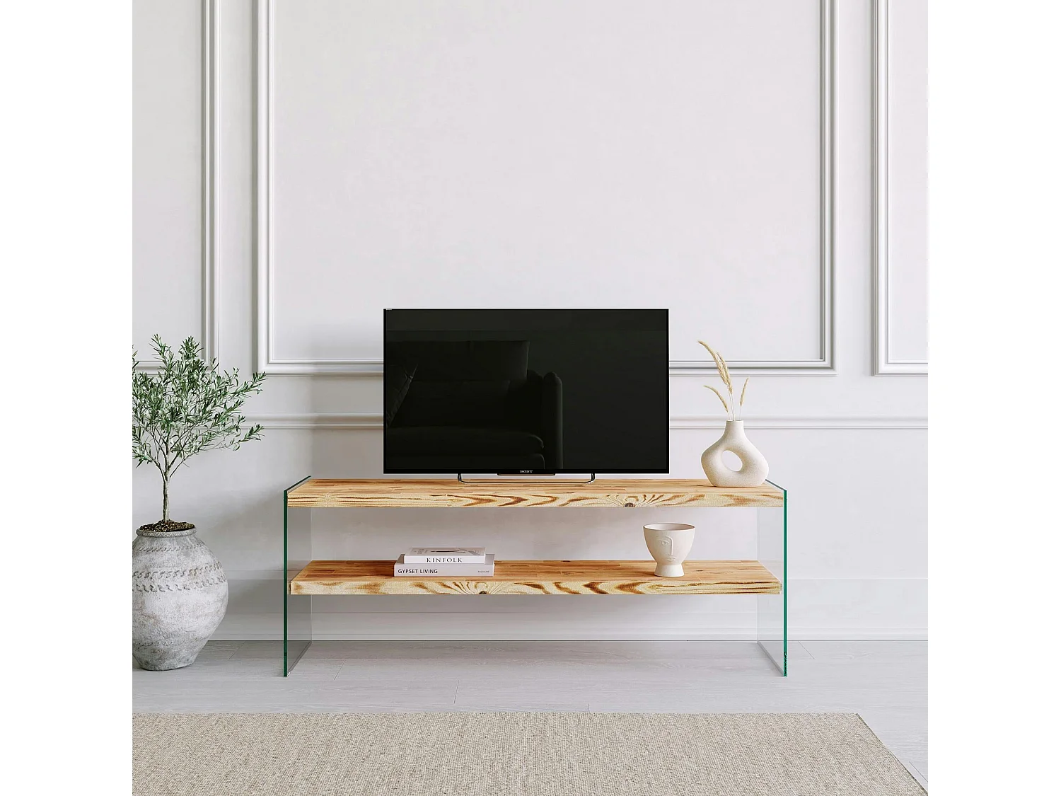 Meuble TV en bois clair et verre - 2 niveaux LHASA