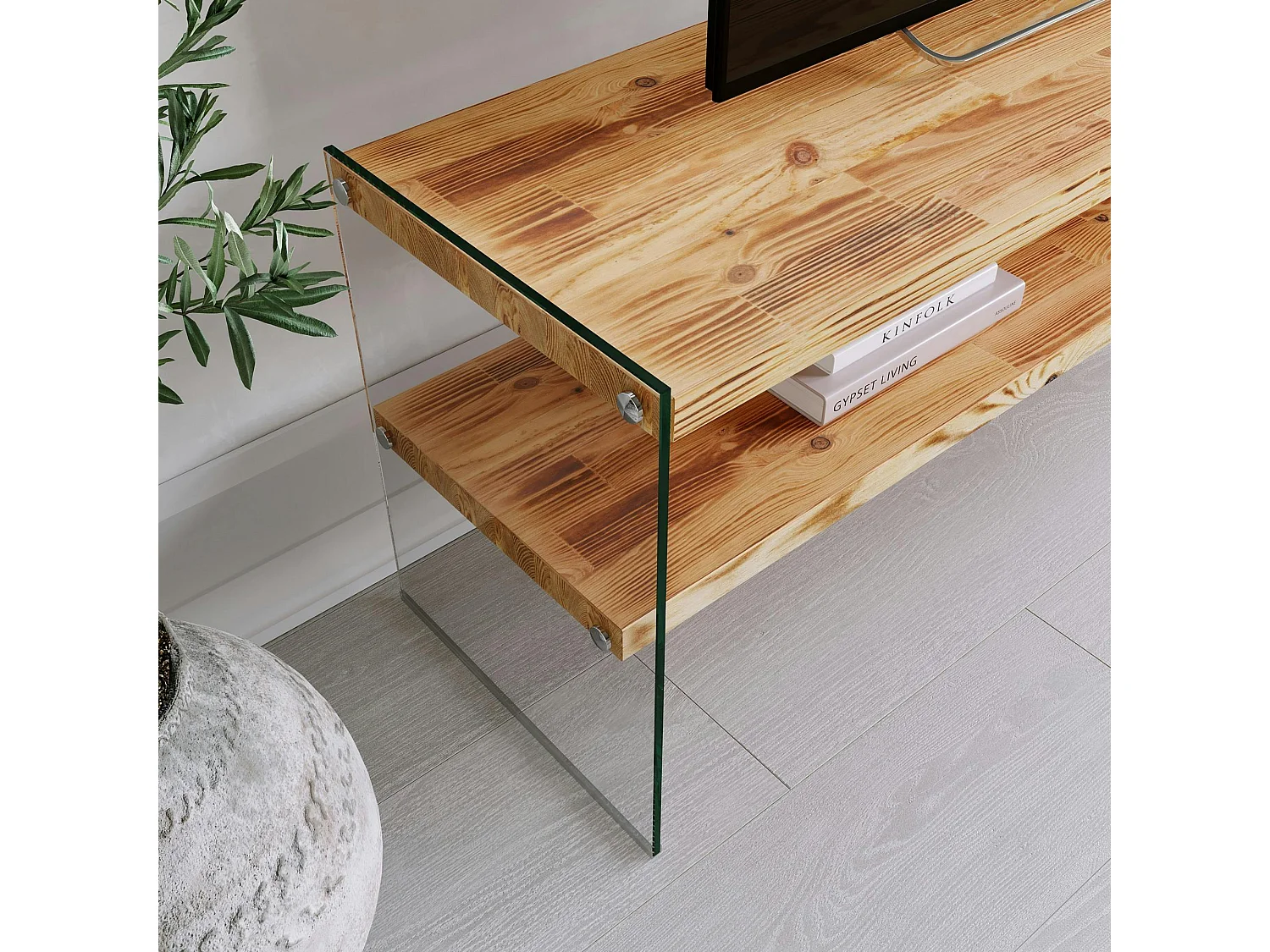 Meuble TV en bois clair et verre - 2 niveaux LHASA