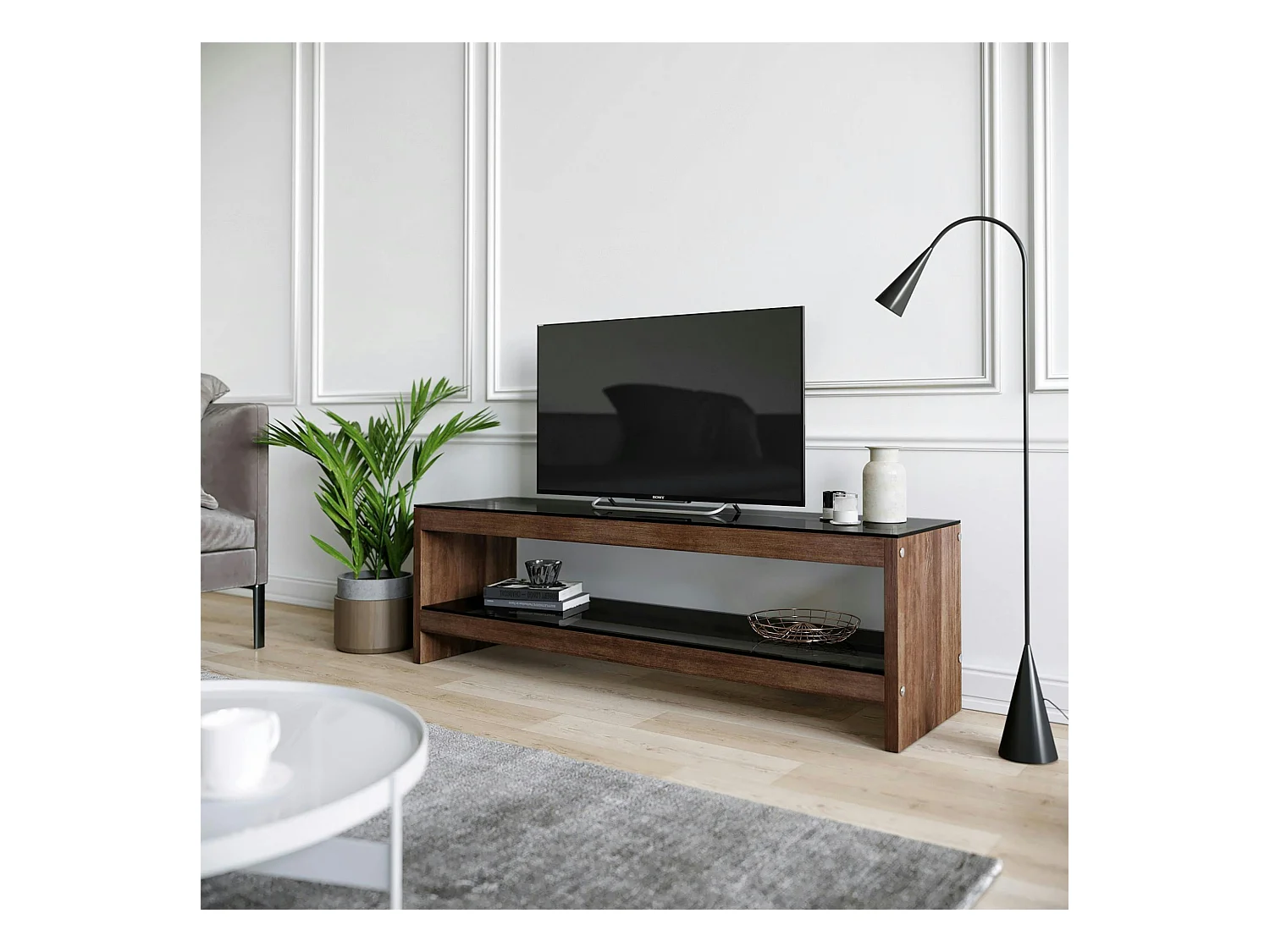 Meuble TV en bois brun et verre fumé - LHASA