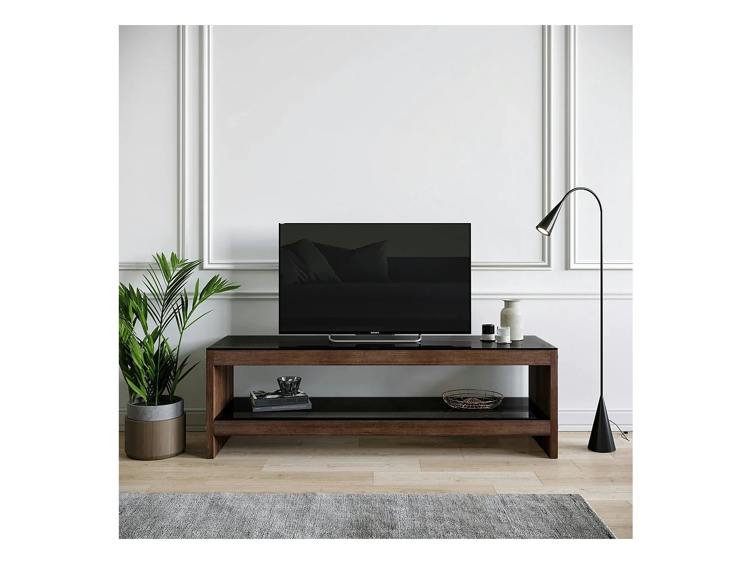 Meuble TV en bois brun et verre fumé - LHASA