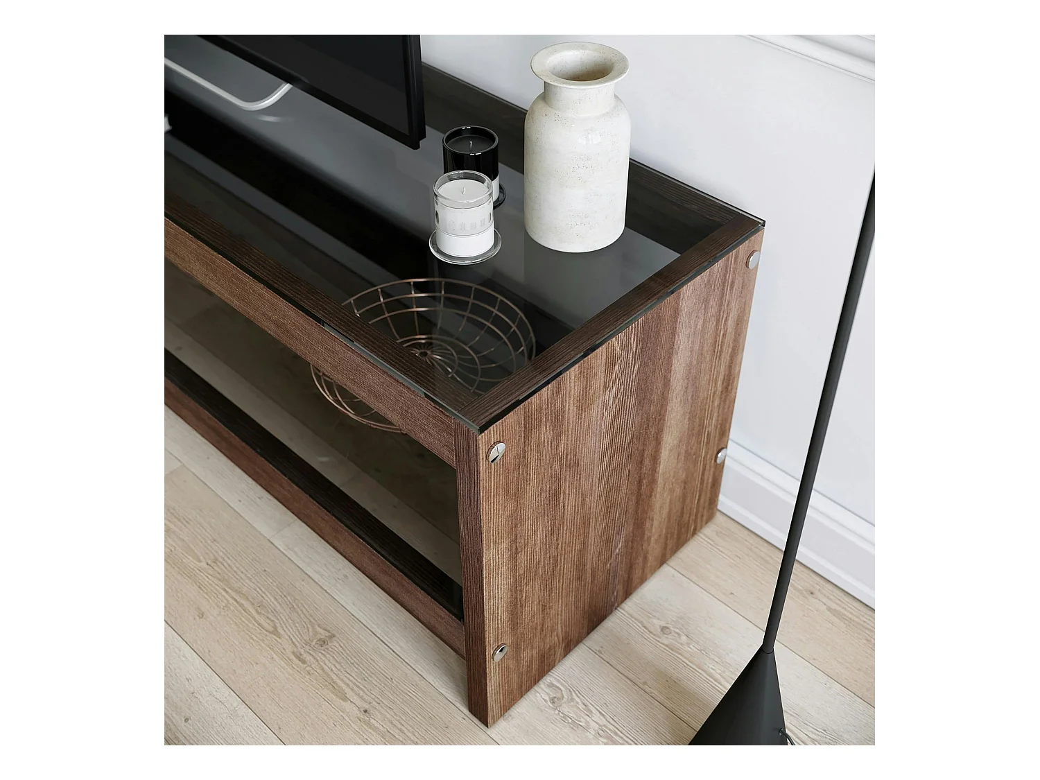 Meuble TV en bois brun et verre fumé - LHASA