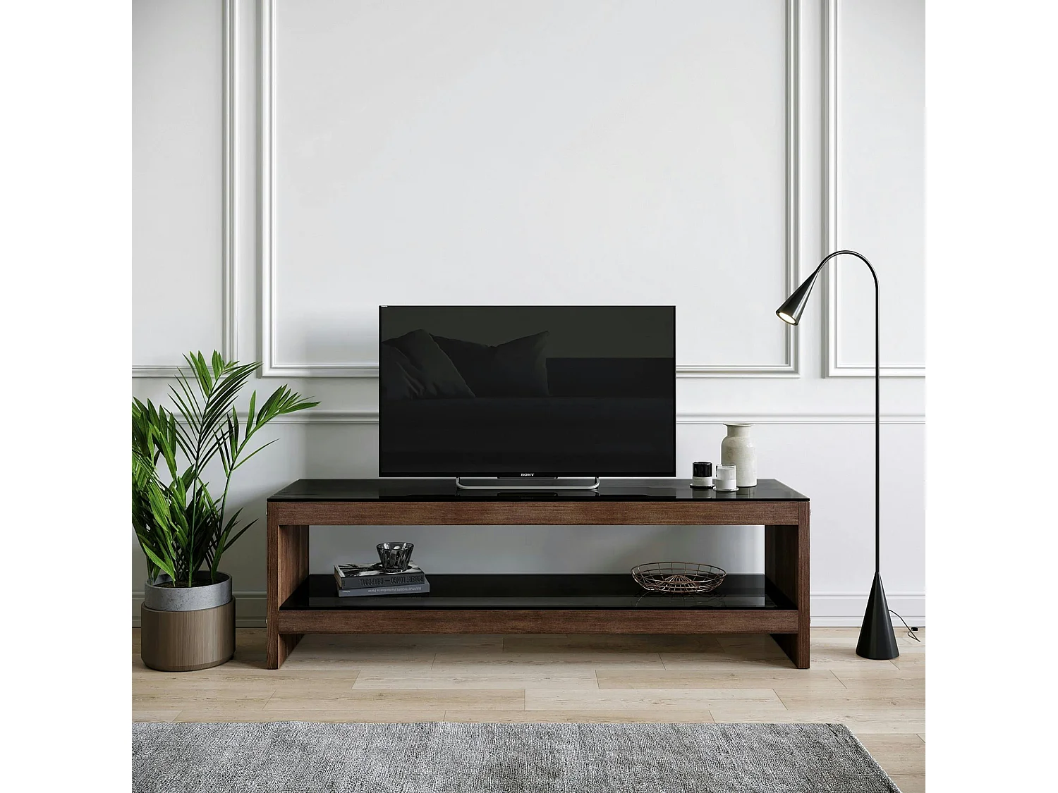 Meuble TV en bois brun et verre fumé - LHASA