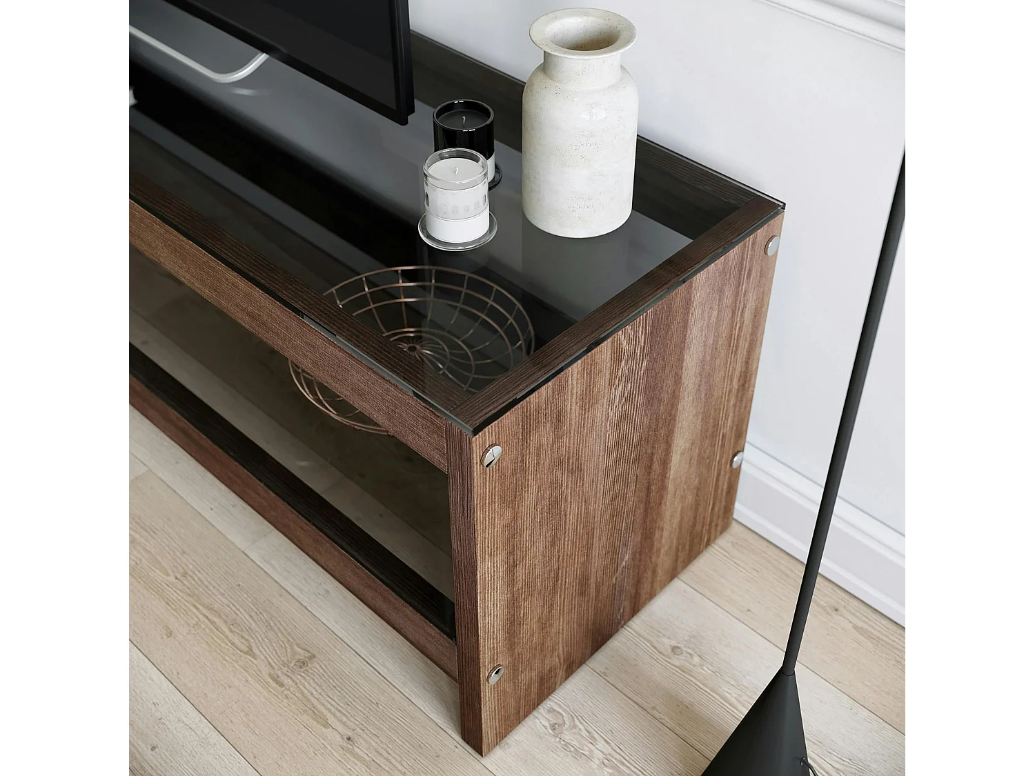 Meuble TV en bois brun et verre fumé - LHASA