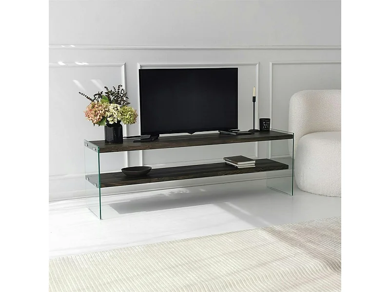 Banc TV bois anthracite et verre - 2 niveaux, 140 cm LHASA