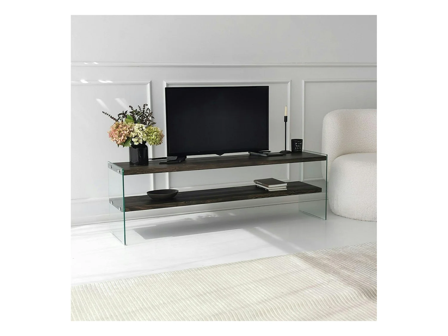 Banc TV bois anthracite et verre - 2 niveaux, 140 cm LHASA