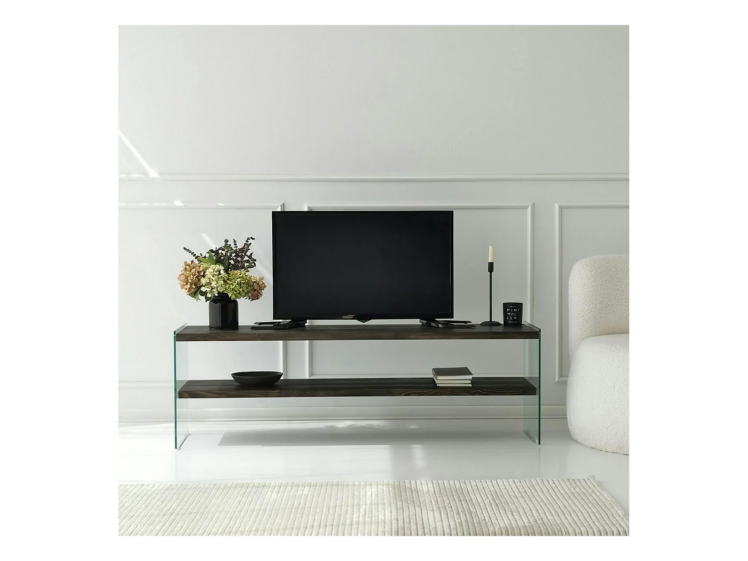 Banc TV bois anthracite et verre - 2 niveaux, 140 cm LHASA