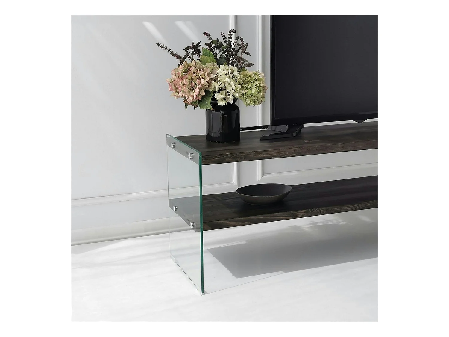 Banc TV bois anthracite et verre - 2 niveaux, 140 cm LHASA