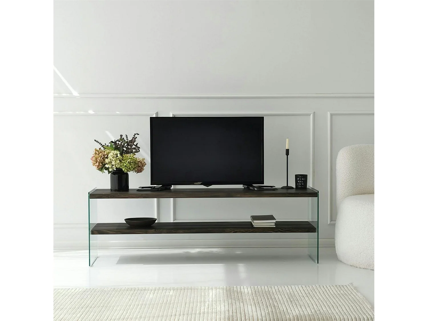 Banc TV bois anthracite et verre - 2 niveaux, 140 cm LHASA