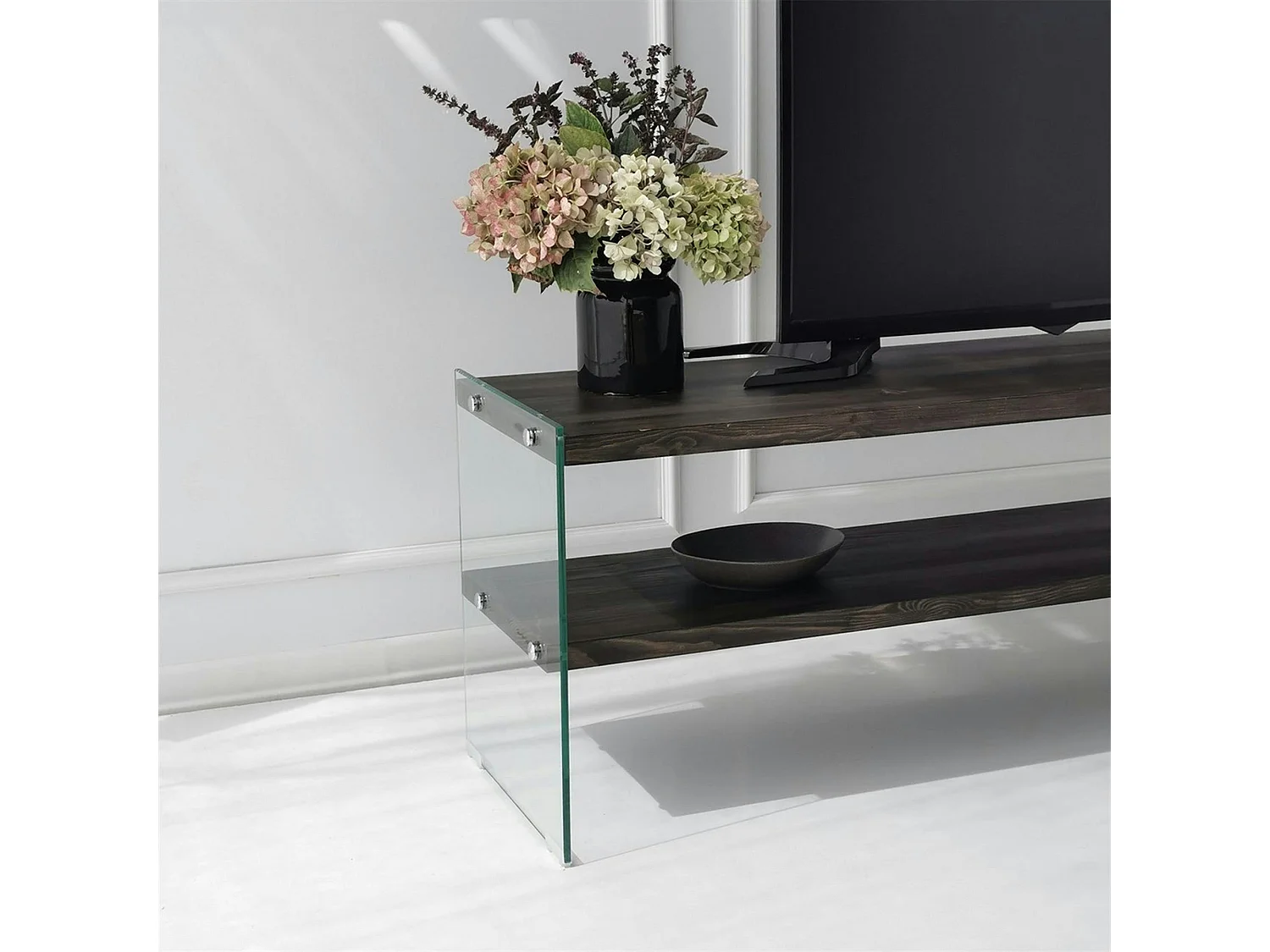Banc TV bois anthracite et verre - 2 niveaux, 140 cm LHASA