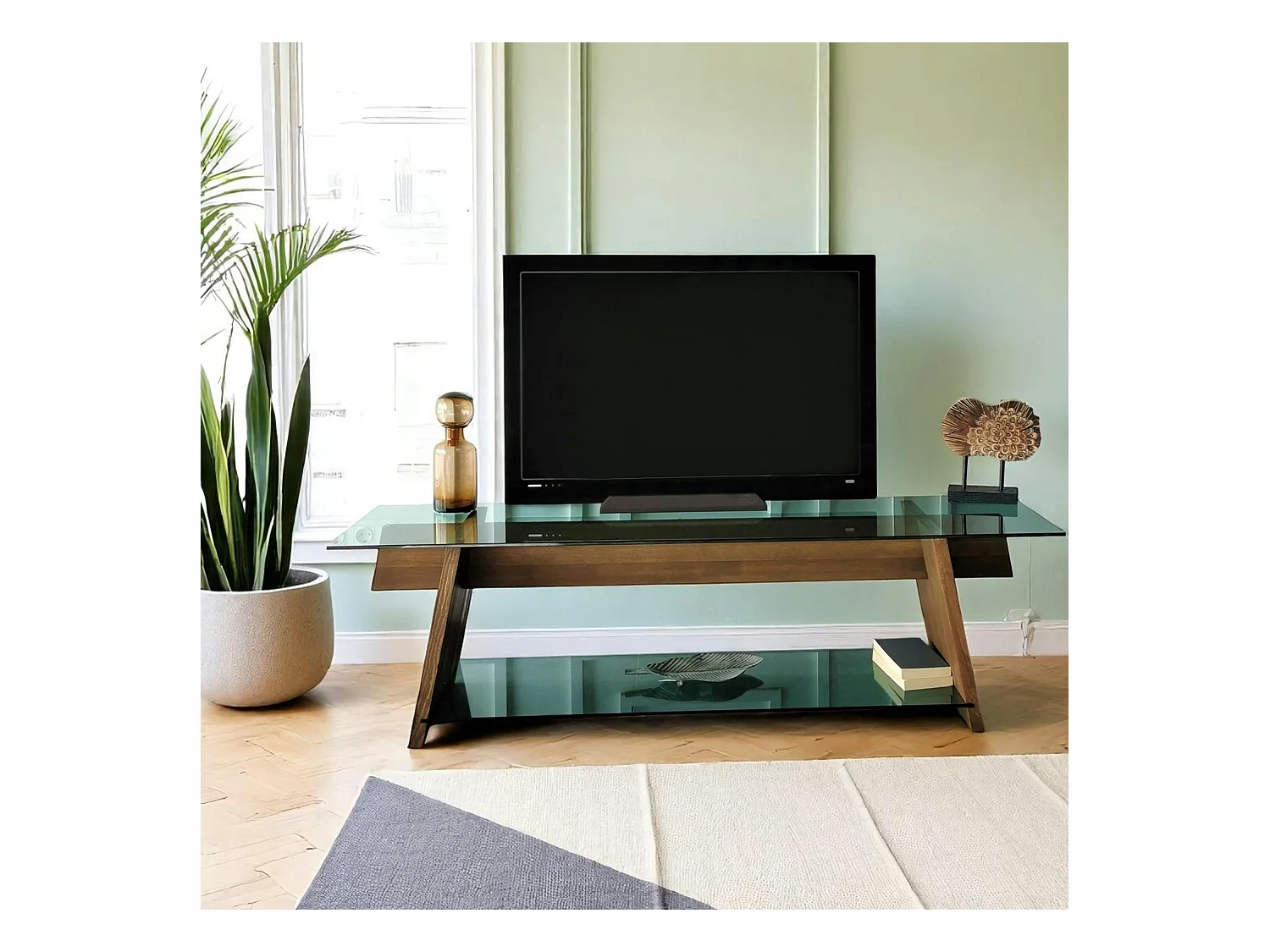 Meuble TV en bois brun et verre lagon - forme trapèze LHASA