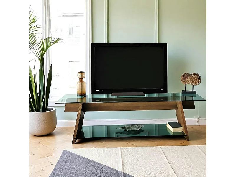 Meuble TV en bois brun et verre lagon - forme trapèze LHASA