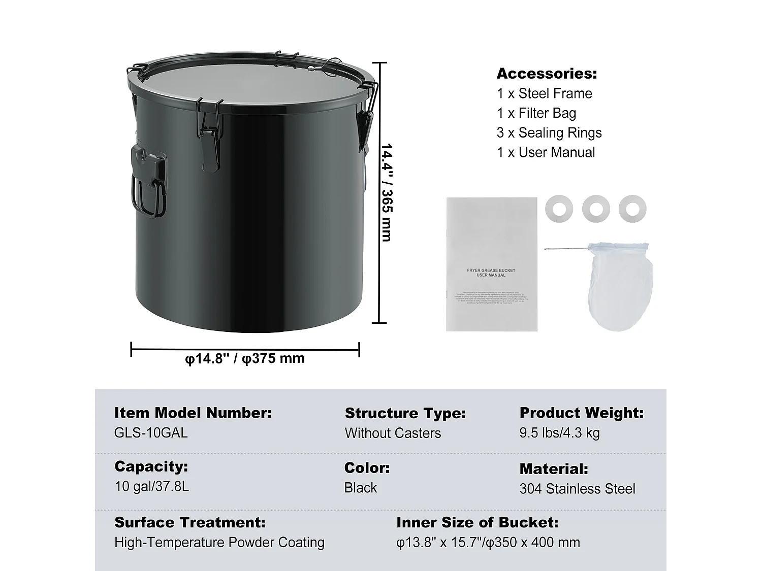 Balde de Grasa SucceBuy para Freidora, Balde de 37 L con Bolsa Filtro, Negro, Acero al Carbono con Recubrimiento Antioxidante