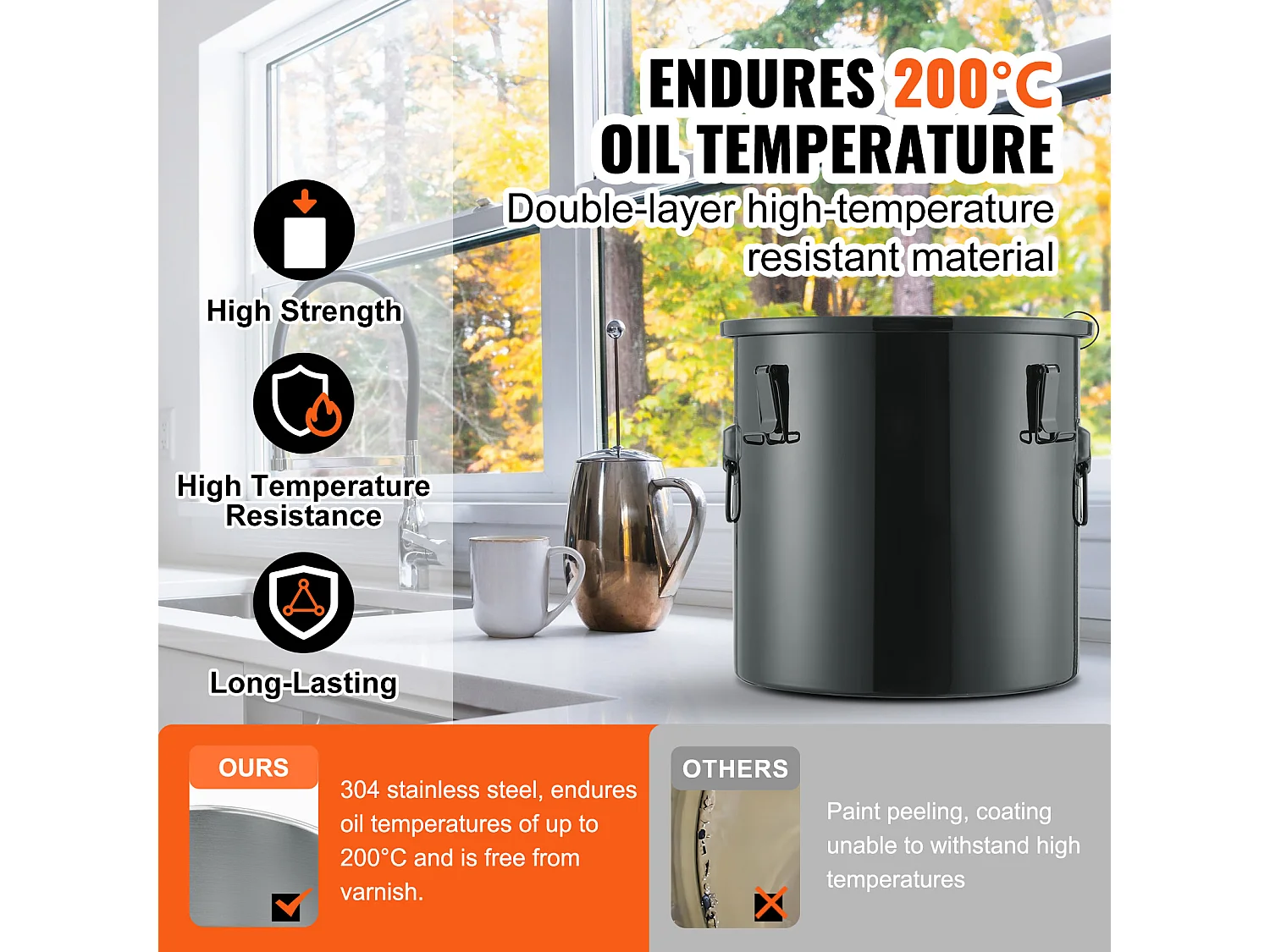 Balde de Grasa SucceBuy para Freidora, Balde de 37 L con Bolsa Filtro, Negro, Acero al Carbono con Recubrimiento Antioxidante