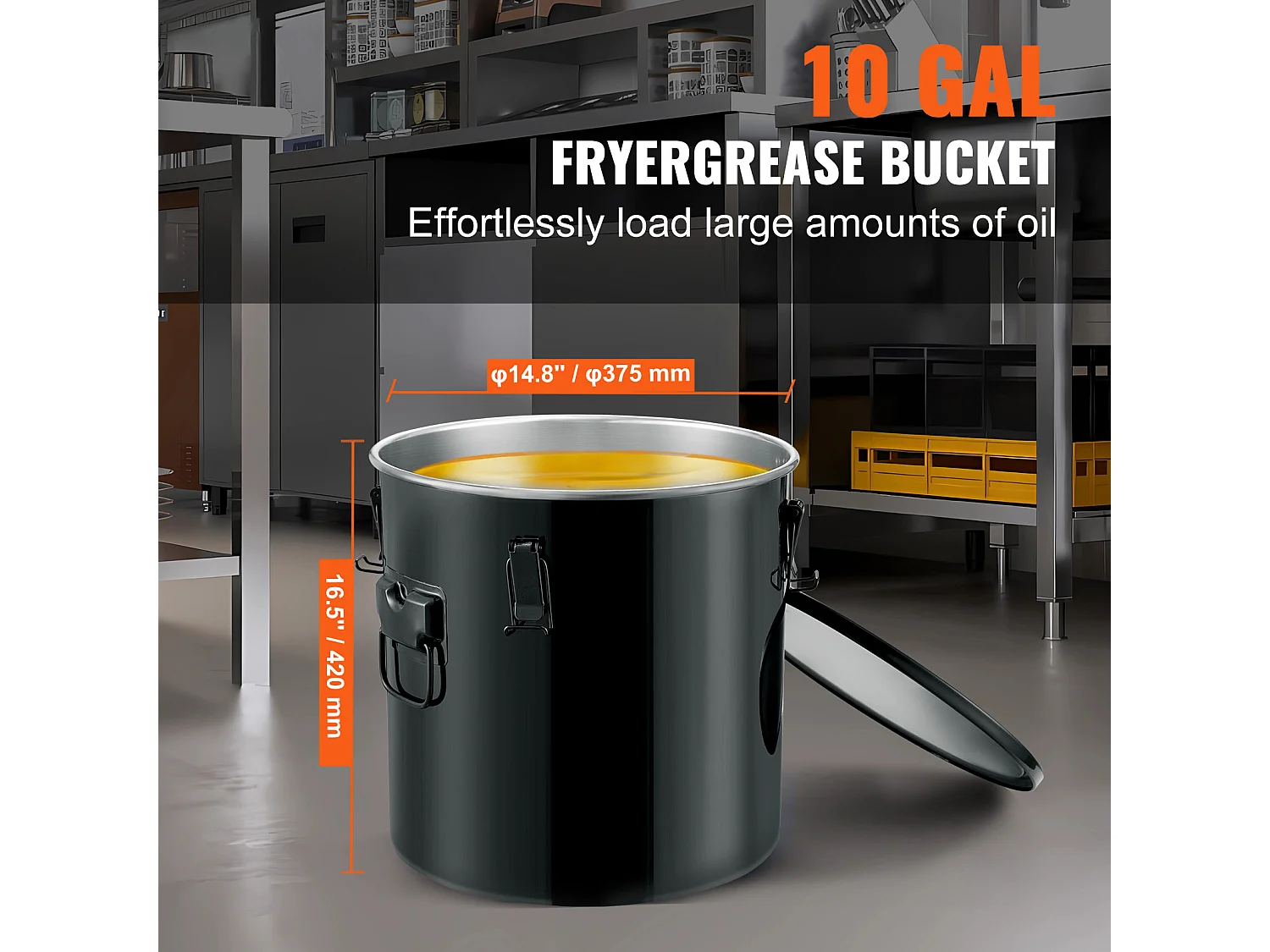 Seau à Graisse SucceBuy pour Friteuse, Seau de 37 L avec Sac Filtrant, Noir, Acier au Carbone avec Revêtement Antirouille