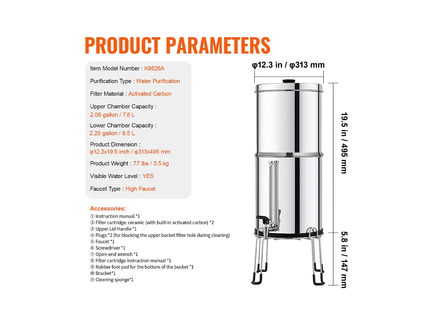 Filtre à Eau Alimenté par Gravité SucceBuy, Système de Filtration d’Eau par Gravité 8,5 L 2 Filtres
