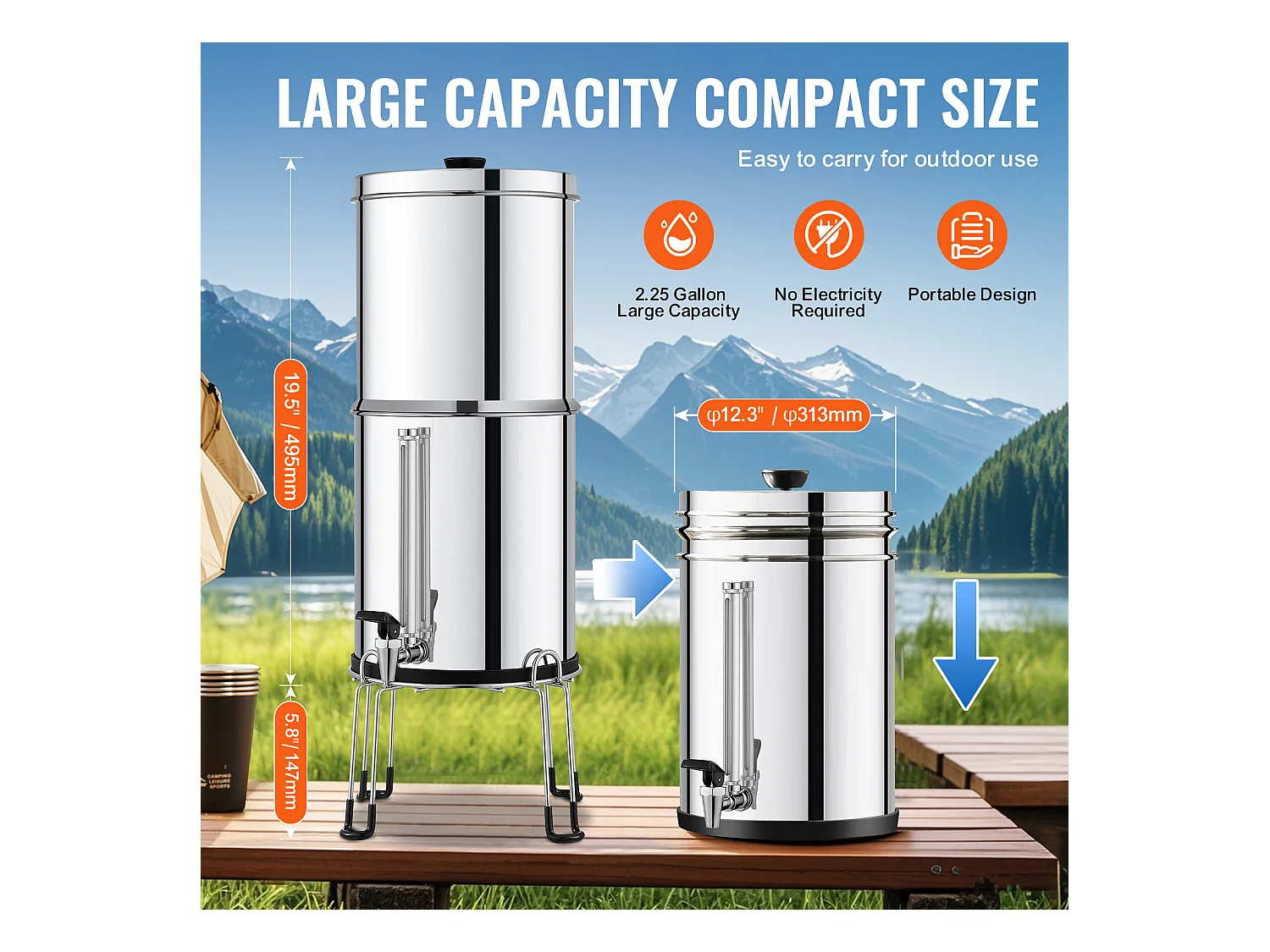 Filtre à Eau Alimenté par Gravité SucceBuy, Système de Filtration d’Eau par Gravité 8,5 L 2 Filtres