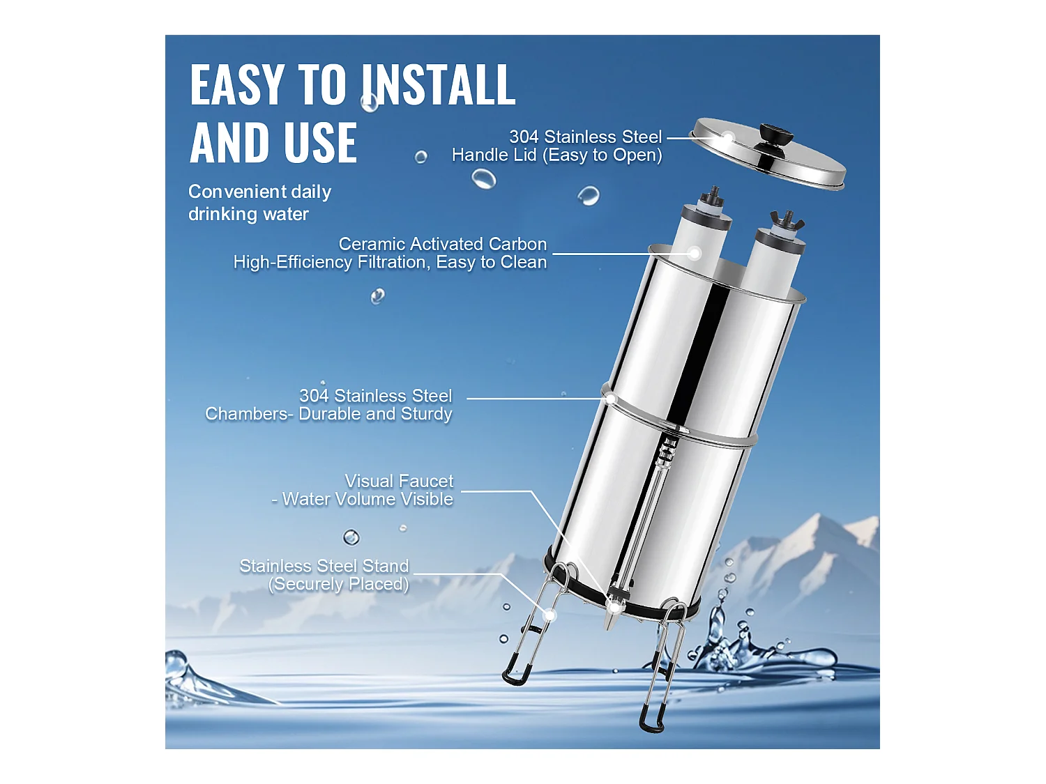 Filtre à Eau Alimenté par Gravité SucceBuy, Système de Filtration d’Eau par Gravité 8,5 L 2 Filtres