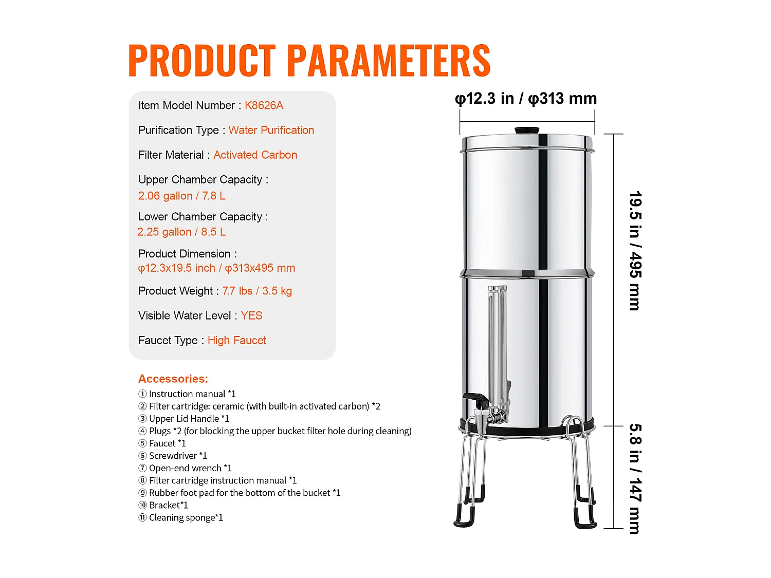 Waterfilter aangedreven door Zwaartekracht SucceBuy, Zwaartekracht-Waterfiltersysteem 8,5 L 2 Filters