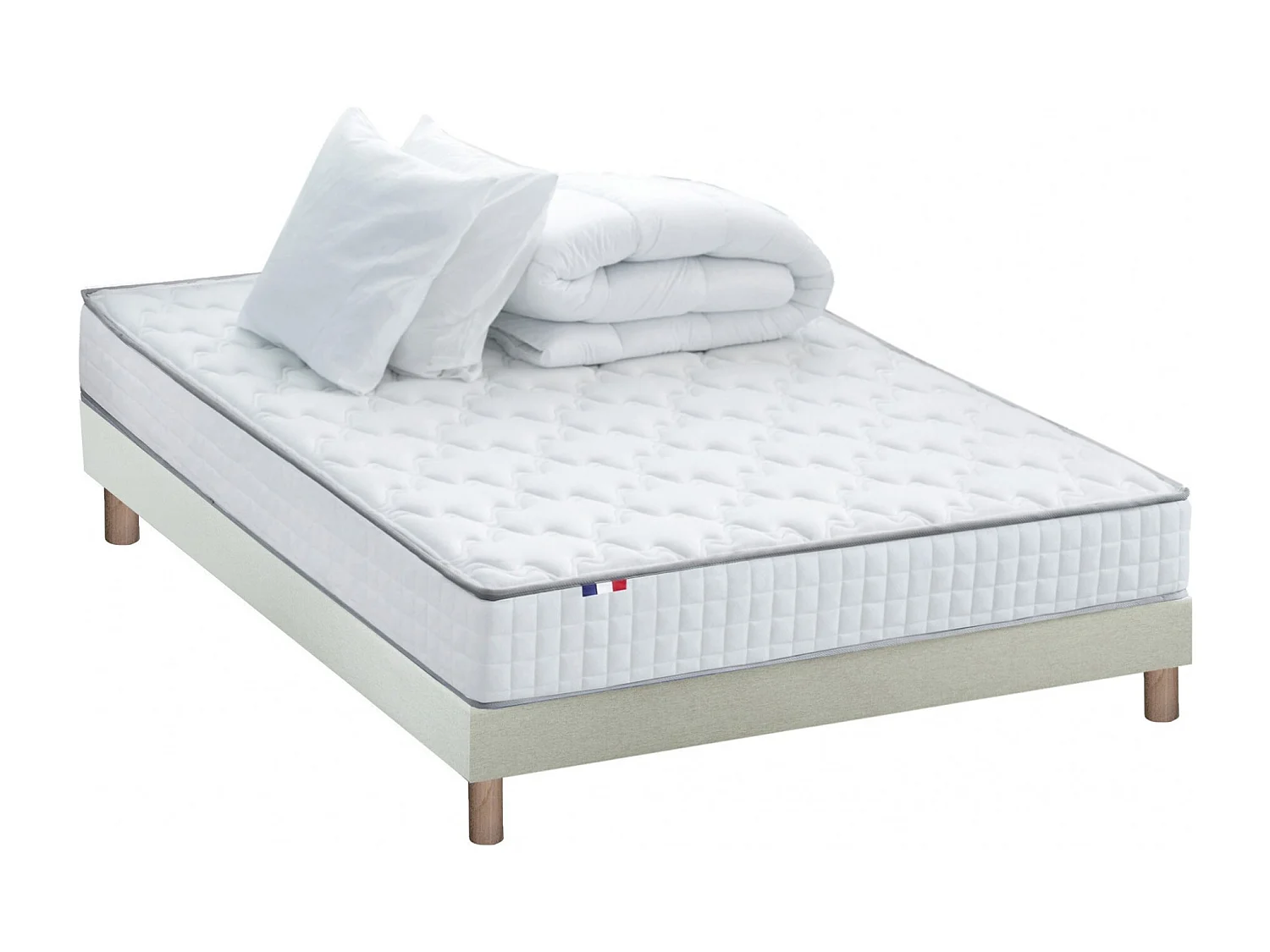 Pack matelas ressorts ASTRE, sommier, couette et oreillers français Dimensions - 140 x 200 cm, Sommier - Beige