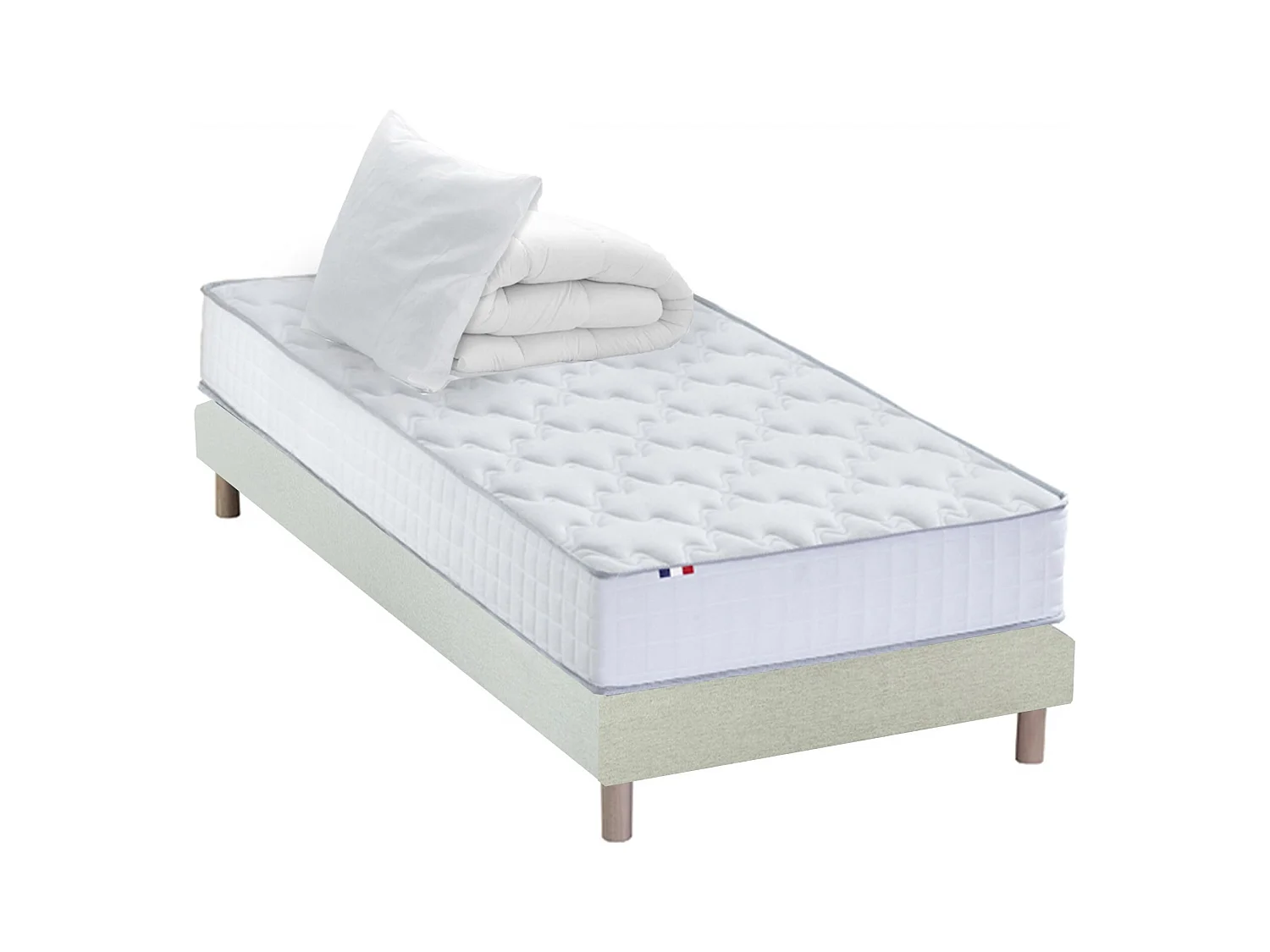 Pack matelas ressorts ASTRE, sommier, couette et oreillers français Dimensions - 90 x 200 cm, Sommier - Beige