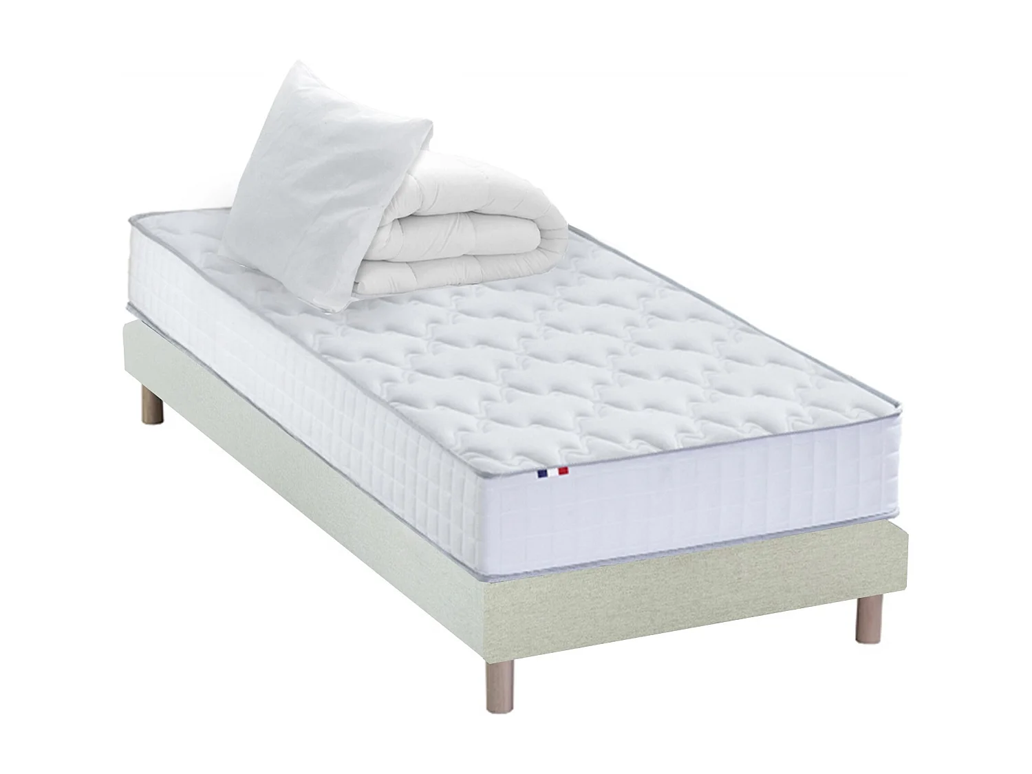 Pack matelas ressorts ASTRE, sommier, couette et oreillers français Dimensions - 90 x 190 cm, Sommier - Beige