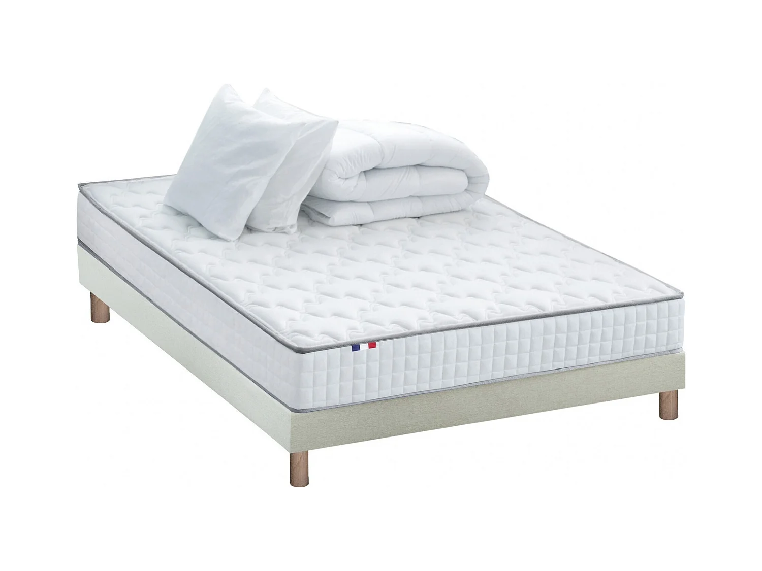 Pack matelas ressorts ASTRE, sommier, couette et oreillers français Dimensions - 160 x 200 cm, Sommier - Beige