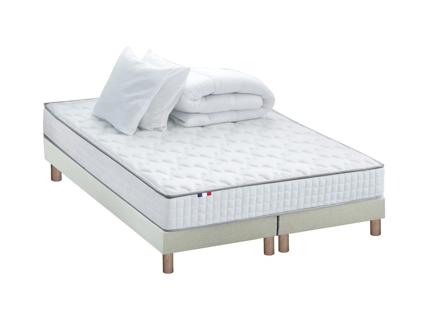 Pack matelas ressorts ASTRE, sommier, couette et oreillers français Dimensions - 2x80 x 200 cm, Sommier - Beige