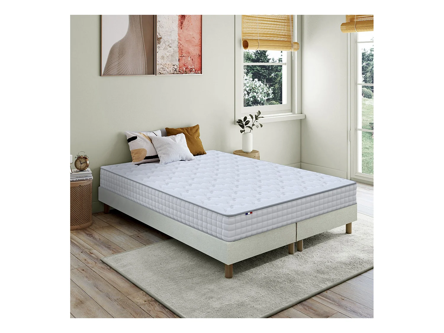 Pack matelas ressorts ASTRE, sommier, couette et oreillers français Dimensions - 2x80 x 200 cm, Sommier - Beige