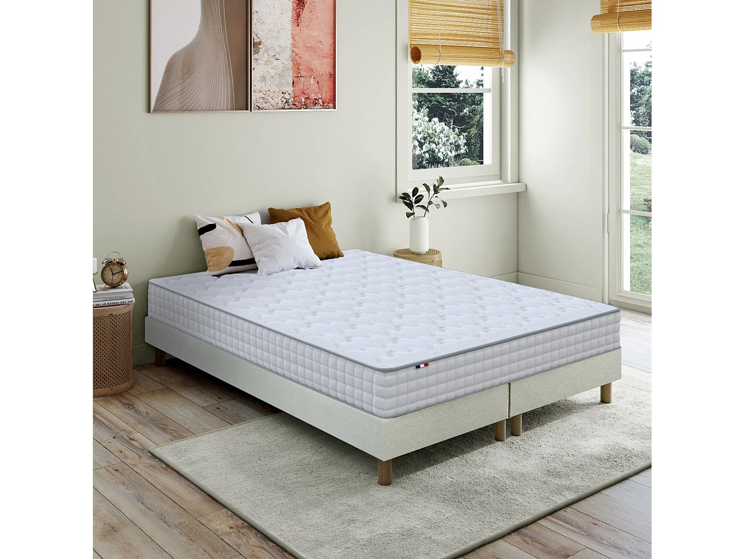 Pack matelas ressorts ASTRE, sommier, couette et oreillers français Dimensions - 2x80 x 200 cm, Sommier - Beige