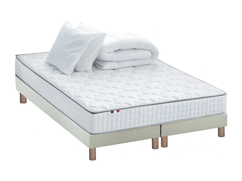 Pack matelas ressorts ASTRE, sommier, couette et oreillers français Dimensions - 2x80 x 200 cm, Sommier - Beige