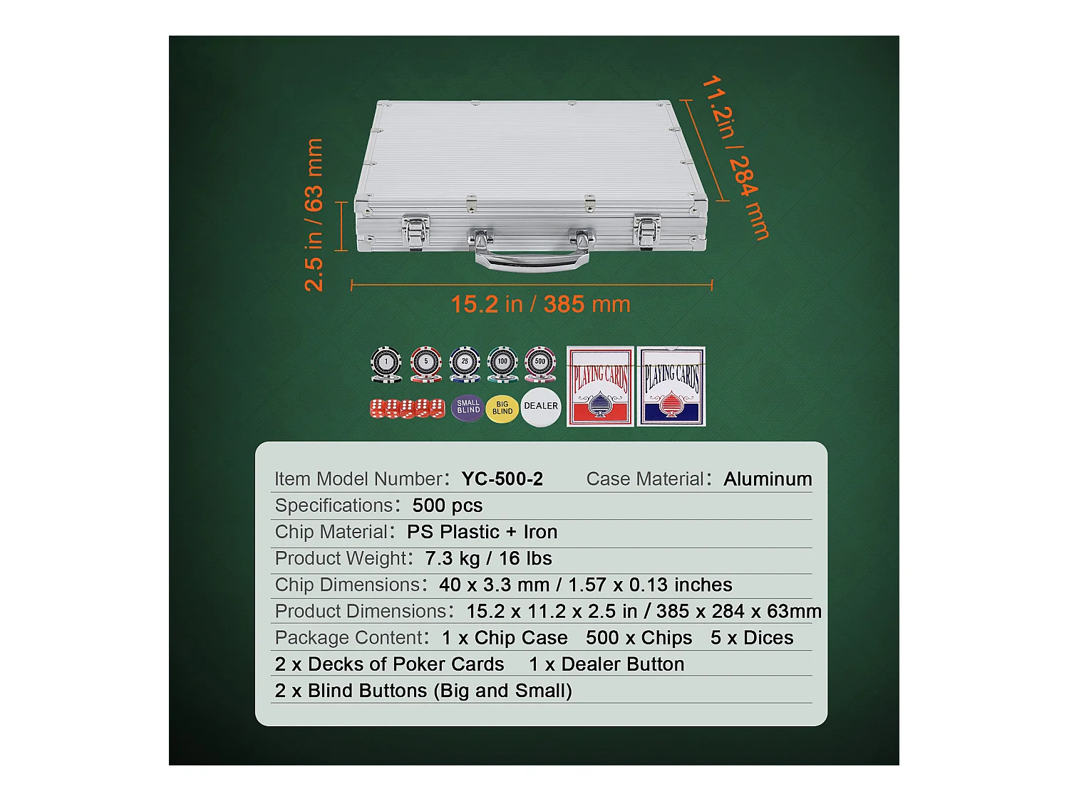 Mallette de Poker, SucceBuy Lot de 500 Jetons de Poker avec Étui en Aluminium, Cartes, Jetons de 11.5 g