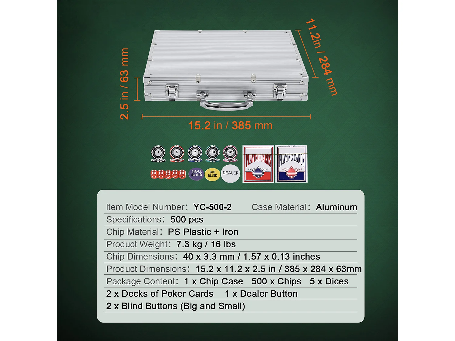 Mallette de Poker, SucceBuy Lot de 500 Jetons de Poker avec Étui en Aluminium, Cartes, Jetons de 11.5 g
