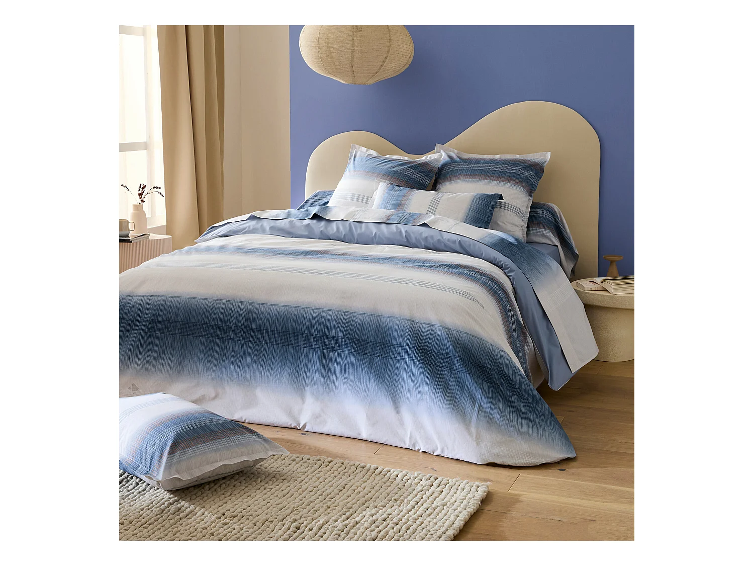 Parure de lit 140x200 cm 65x65 cm percale ESTEBAN bleu 2 pièces