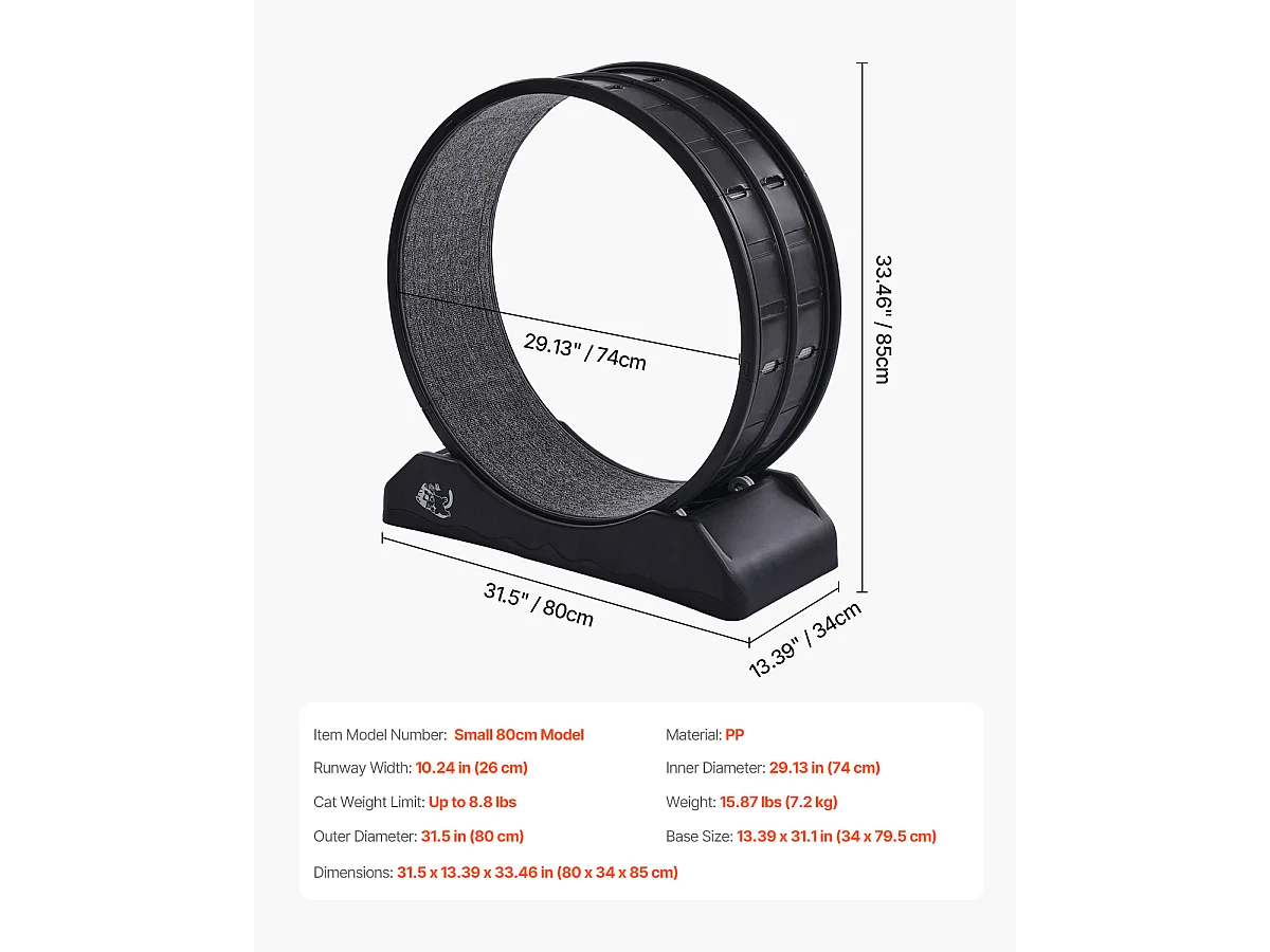 Ruota per Esercizi per Gatti, SucceBuy Ruota per Esercizi per Gatti, Tapis Roulant da Interno Grande, 80 cm, Nera