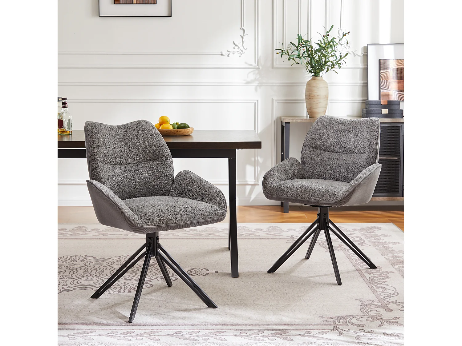 Lot de 2 chaises, fauteuil 360°pivotante en sherpa gris, cadre en métal noir