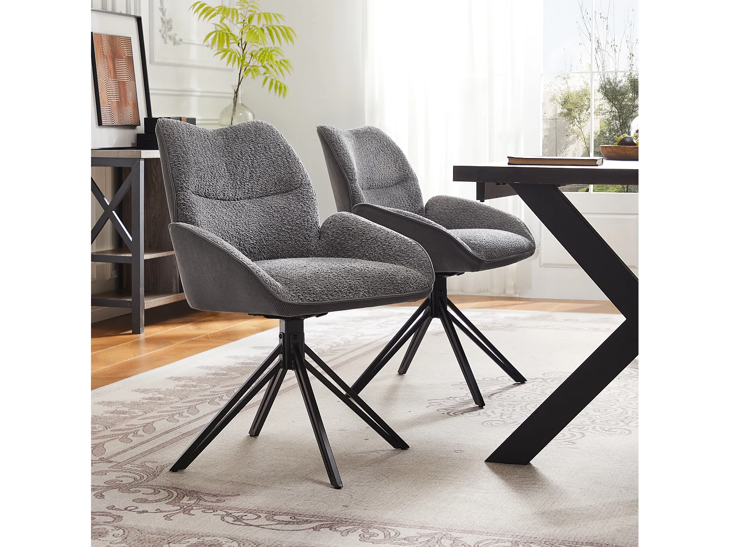 Lot de 2 chaises, fauteuil 360°pivotante en sherpa gris, cadre en métal noir