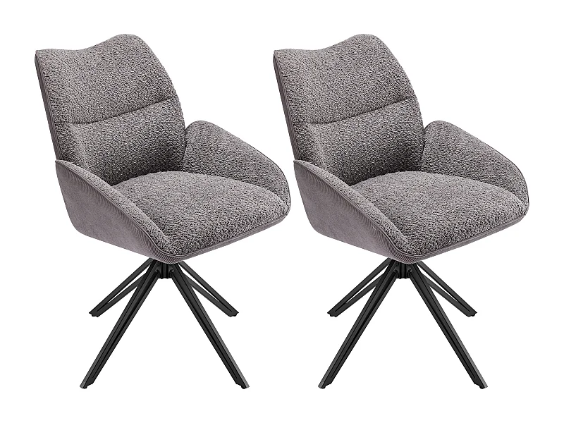 Lot de 2 chaises, fauteuil 360°pivotante en sherpa gris, cadre en métal noir