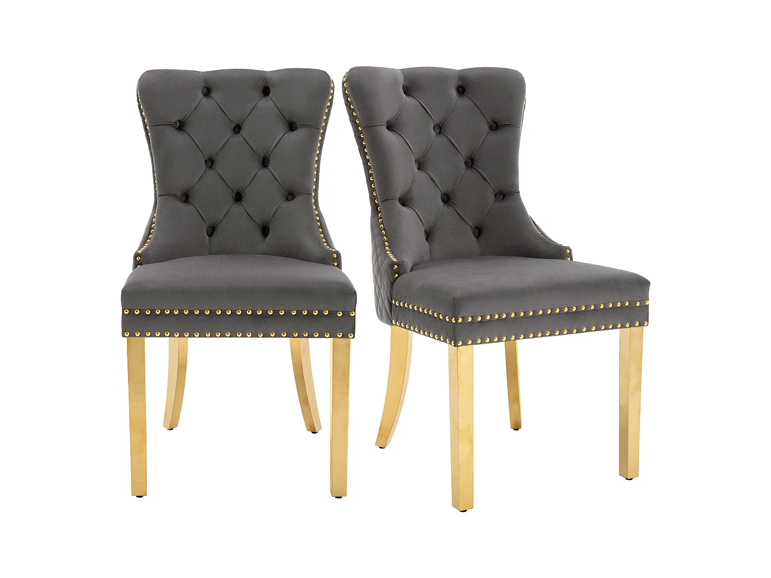 Lot de 2 Chaises de cuisine en velours gris, cadre en métal doré