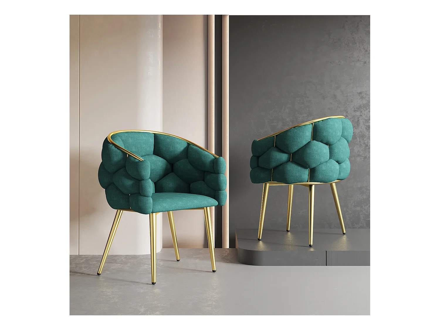 Chaise en velours vert avec pieds réglables en métal doré