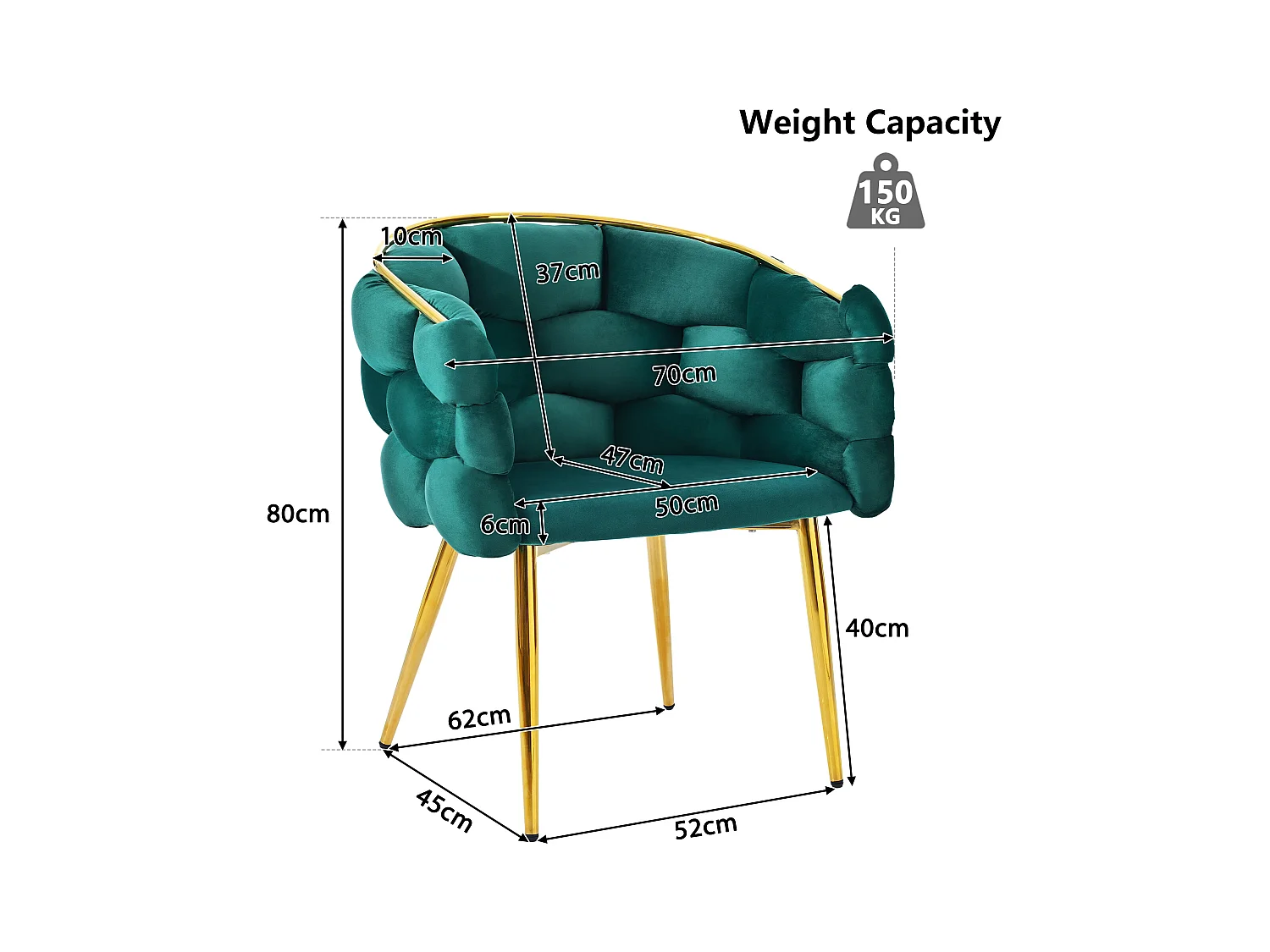 Chaise en velours vert avec pieds réglables en métal doré