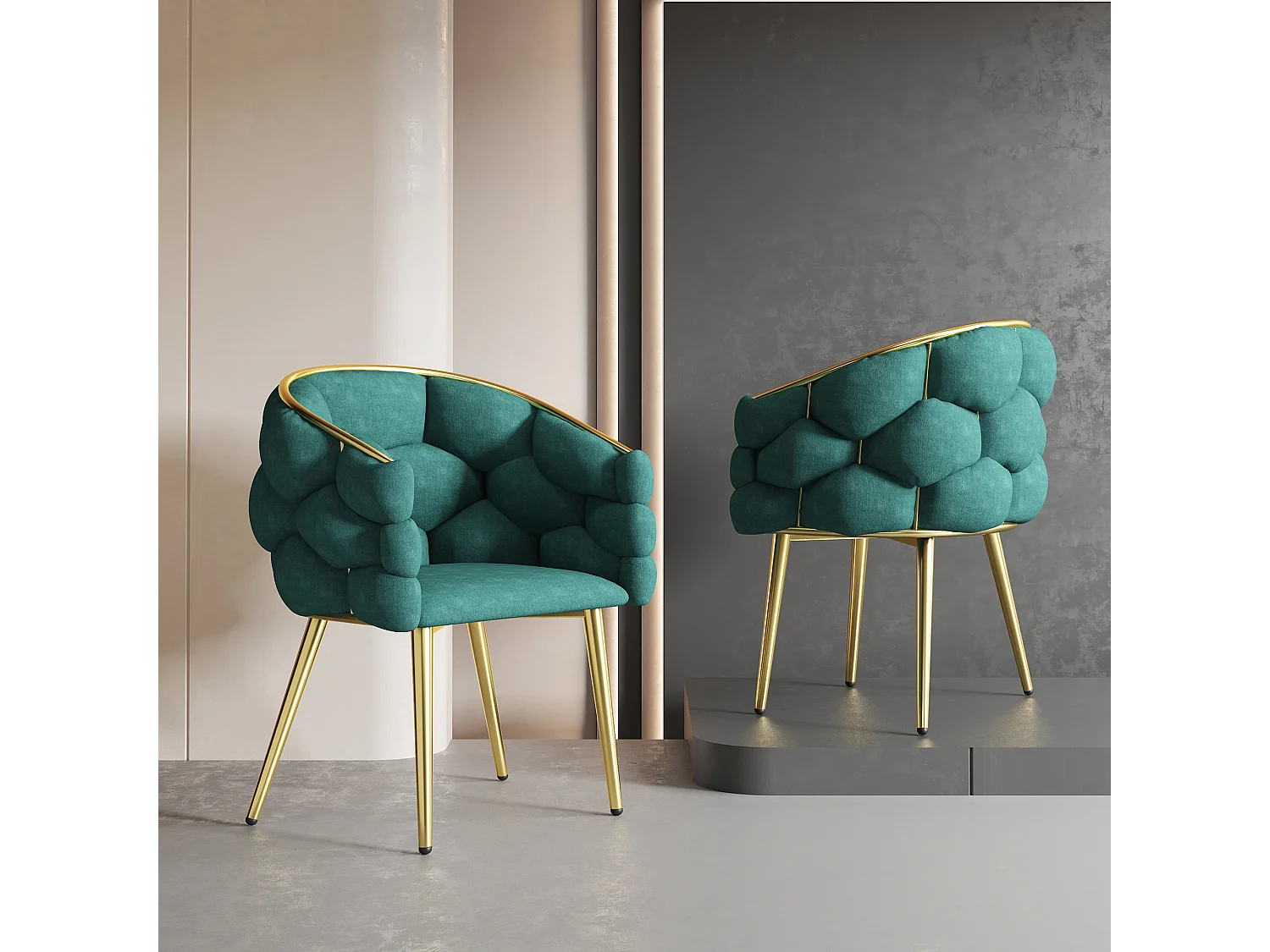 Chaise en velours vert avec pieds réglables en métal doré