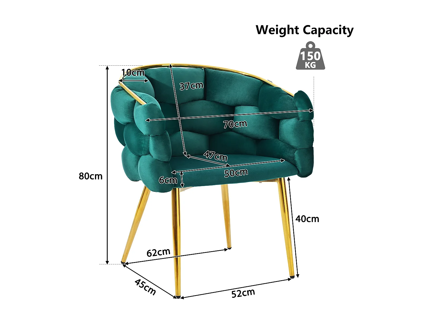 Chaise en velours vert avec pieds réglables en métal doré