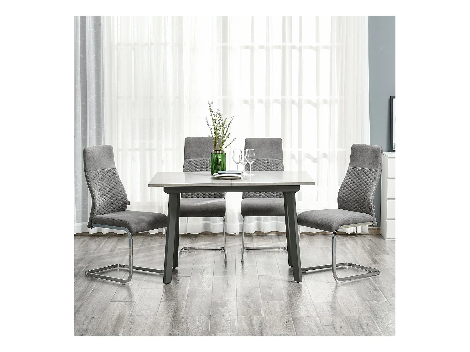 Lot de 4 chaises cantilever en velours gris, cadre en métal argenté