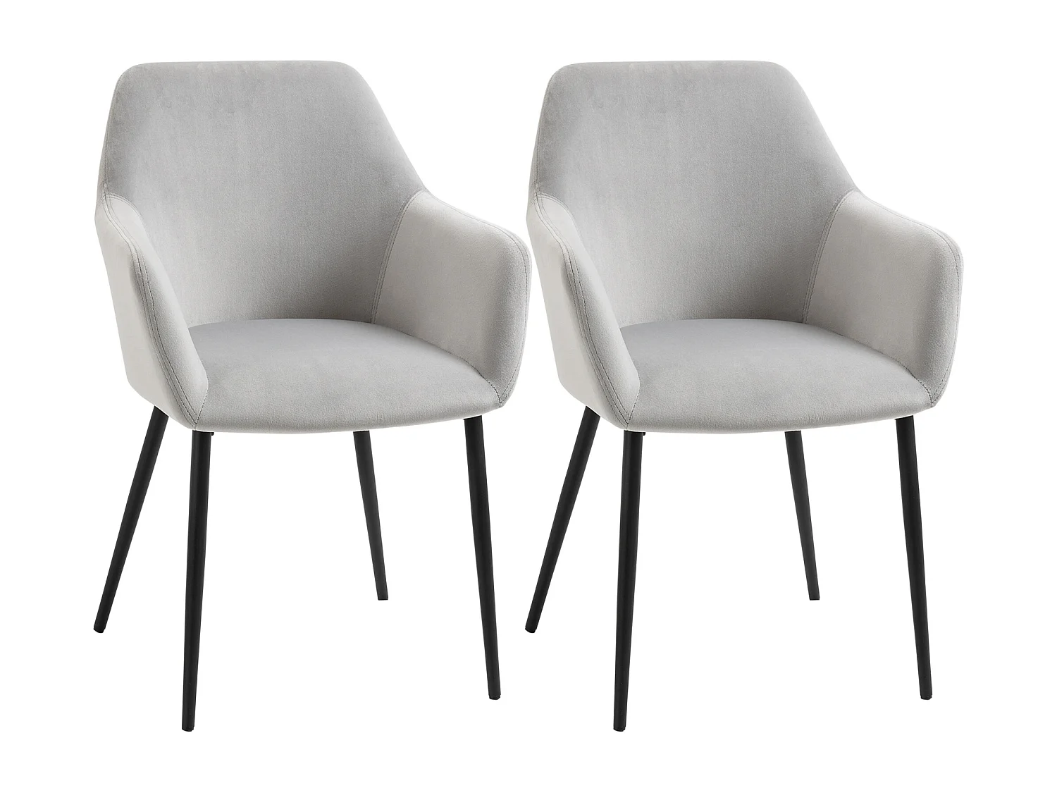Lot de 2 chaises avec accoudoirs en velours gris clair, pieds en métal noir
