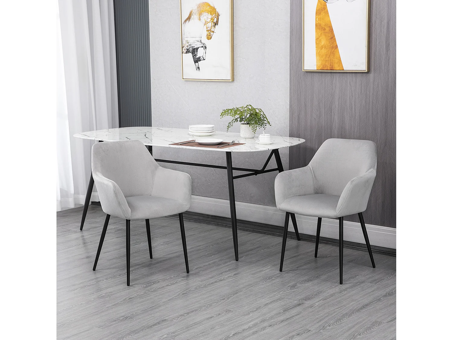 Set van 2 stoelen met armleuningen in lichtgrijs fluweel, zwarte metalen poten