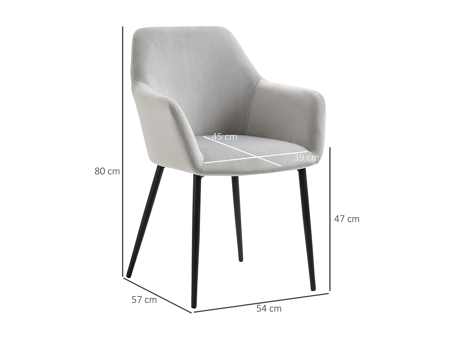 Set van 2 stoelen met armleuningen in lichtgrijs fluweel, zwarte metalen poten