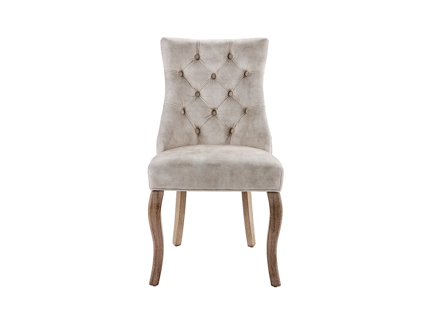 Set van 2 lichtbeige fluwelen stoelen met gebogen houten poten en decoratieve knopen