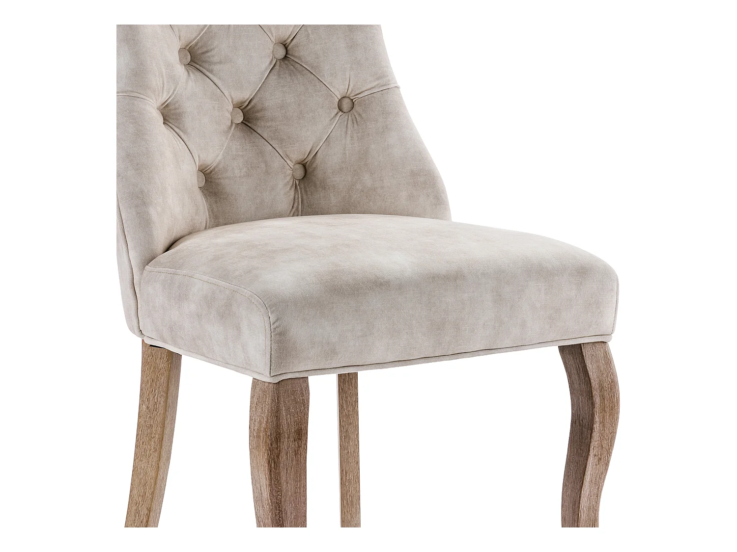 Set van 2 lichtbeige fluwelen stoelen met gebogen houten poten en decoratieve knopen